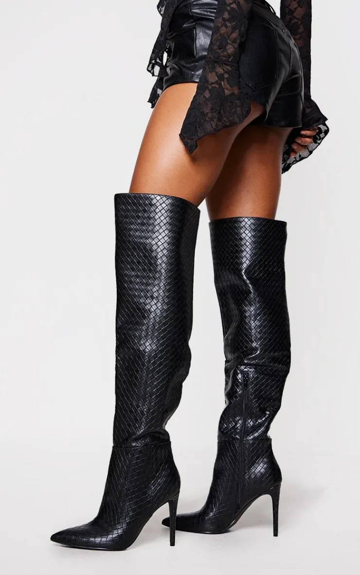 PrettyLittleThing Over The Knee Boots*Wide Fit Weave Pu Point Toe Over The Knee Heeled Boots