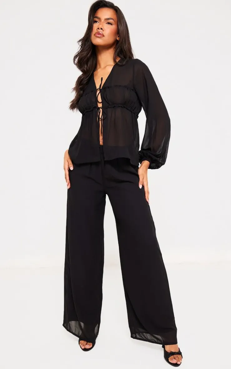 Best PrettyLittleThing Wide Leg Chiffon Pants Black