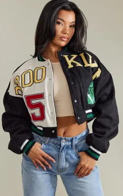 PrettyLittleThing Wool Coats*Wool Look Graphic Front Cropped Bomber Jacket