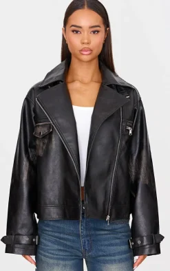 PrettyLittleThing Faux Leather Jackets*Worn Faux Leather Oversized Biker Jacket