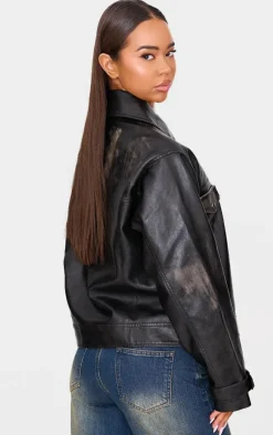 PrettyLittleThing Faux Leather Jackets*Worn Faux Leather Oversized Biker Jacket