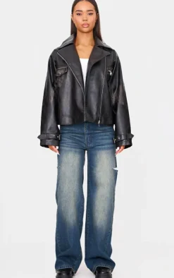 PrettyLittleThing Faux Leather Jackets*Worn Faux Leather Oversized Biker Jacket