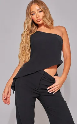 Online PrettyLittleThing Woven Asymmetric Frill Detail One Shoulder Top Black