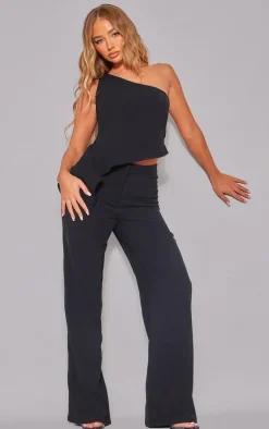 Online PrettyLittleThing Woven Asymmetric Frill Detail One Shoulder Top Black