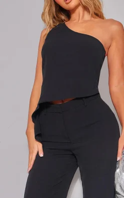 Online PrettyLittleThing Woven Asymmetric Frill Detail One Shoulder Top Black