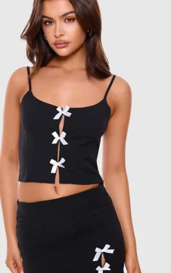 Hot PrettyLittleThing Woven Bow Detail Scooped Neck Crop Top Black