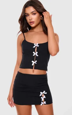 Hot PrettyLittleThing Woven Bow Detail Scooped Neck Crop Top Black