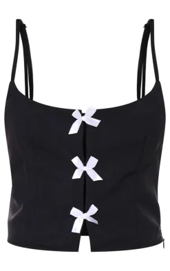 Hot PrettyLittleThing Woven Bow Detail Scooped Neck Crop Top Black