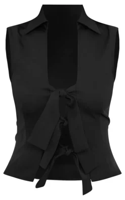 Best PrettyLittleThing Woven Bow Tie Front Sleeveless Vest Black