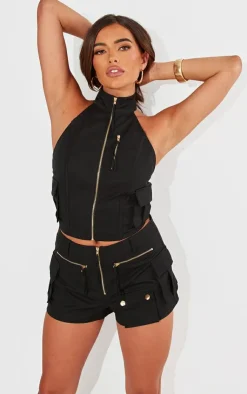 Sale PrettyLittleThing Woven Cargo High Neck Fitted Top Black