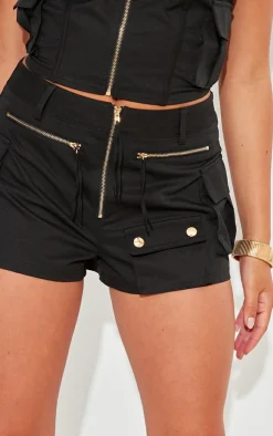 Hot PrettyLittleThing Woven Cargo Zip Front Hot Pants Black