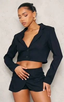 New PrettyLittleThing Woven Cropped Blazer Black