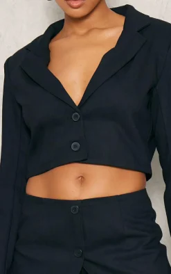 New PrettyLittleThing Woven Cropped Blazer Black