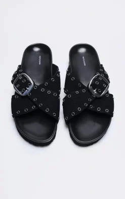 PrettyLittleThing Flat Sandals*Woven Cross Strap Stud Buckle Detail Footbed Sandals