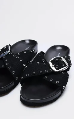 PrettyLittleThing Flat Sandals*Woven Cross Strap Stud Buckle Detail Footbed Sandals