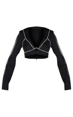 Woven Diamante Bralet Trim Long Sleeve Crop Top-PrettyLittleThing Online