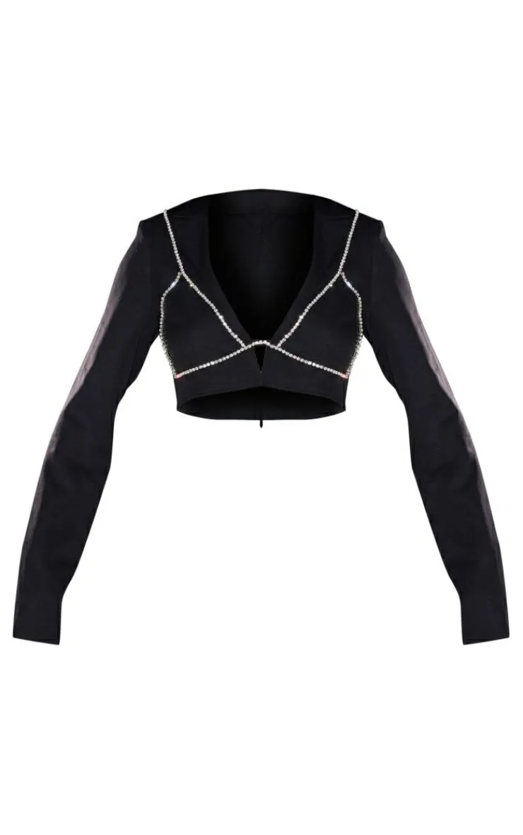 Woven Diamante Bralet Trim Long Sleeve Crop Top-PrettyLittleThing Online