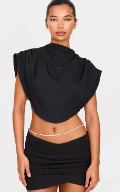 Clearance PrettyLittleThing Woven Diamante Draped Front High Neck Top Black