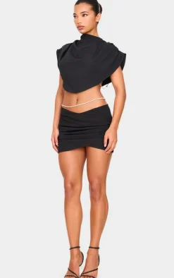 Clearance PrettyLittleThing Woven Diamante Draped Front High Neck Top Black