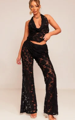 Discount PrettyLittleThing Woven Distressed Low Rise Wide Leg Pants Black