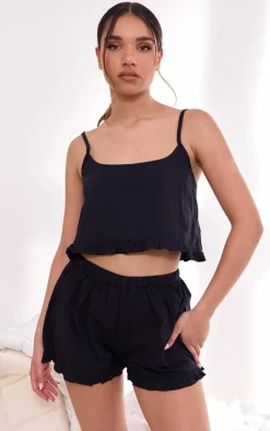 Black Woven Frill Edge Cami And Button Short Pj Set
