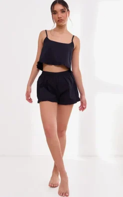 Black Woven Frill Edge Cami And Button Short Pj Set