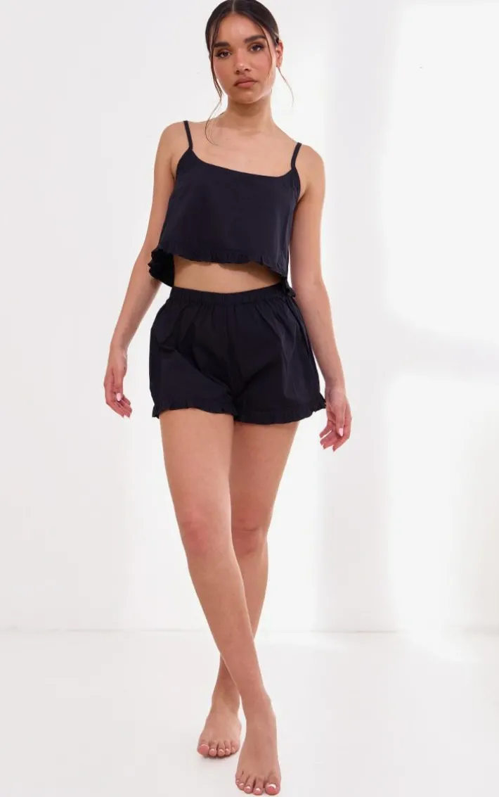 Black Woven Frill Edge Cami And Button Short Pj Set