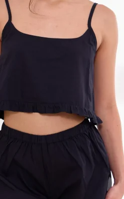 Black Woven Frill Edge Cami And Button Short Pj Set