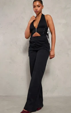 Black Woven Halter Zip Detail Lace Up Jumpsuit