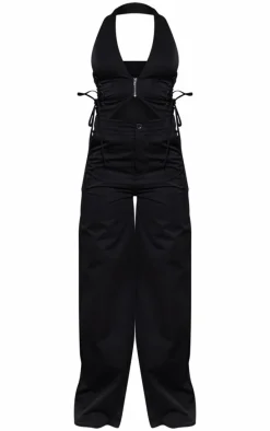 Black Woven Halter Zip Detail Lace Up Jumpsuit