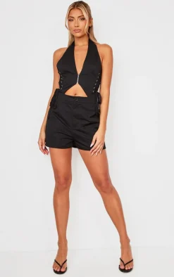 Woven Halter Zip Detail Lace Up Romper-PrettyLittleThing