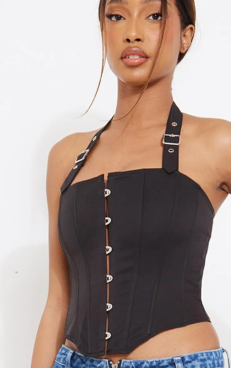 PrettyLittleThing Corsets*Woven Hook & Eye Buckle Halterneck Boned Corset