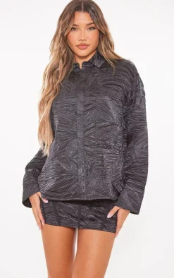 Hot PrettyLittleThing Woven Jacquard Pocket Detail Oversized Shirt Black