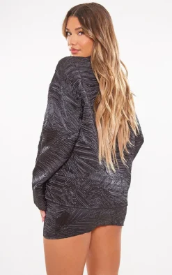 Hot PrettyLittleThing Woven Jacquard Pocket Detail Oversized Shirt Black