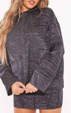 Hot PrettyLittleThing Woven Jacquard Pocket Detail Oversized Shirt Black