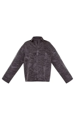 Hot PrettyLittleThing Woven Jacquard Pocket Detail Oversized Shirt Black