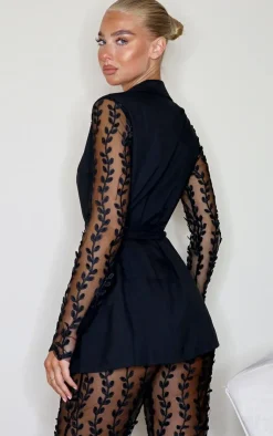 PrettyLittleThing Woven Lace Sleeve Belt Blazer Black