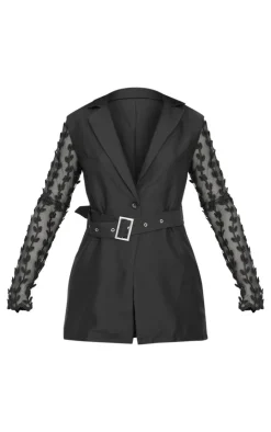 PrettyLittleThing Woven Lace Sleeve Belt Blazer Black
