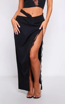 Hot PrettyLittleThing Woven Lace Trim Waist Cut Out Split Midaxi Skirt Black