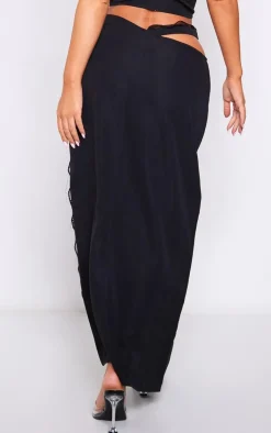 Hot PrettyLittleThing Woven Lace Trim Waist Cut Out Split Midaxi Skirt Black