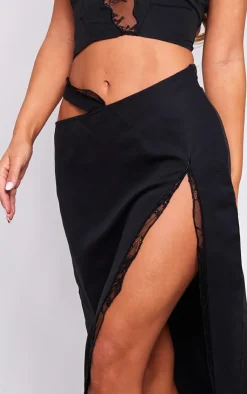 Hot PrettyLittleThing Woven Lace Trim Waist Cut Out Split Midaxi Skirt Black