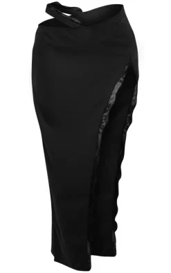 Hot PrettyLittleThing Woven Lace Trim Waist Cut Out Split Midaxi Skirt Black