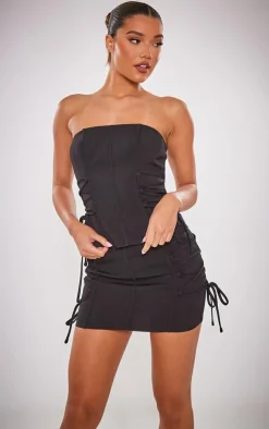 New PrettyLittleThing Woven Lace Up Side Strap Detail Low Rise Micro Mini Skirt Black