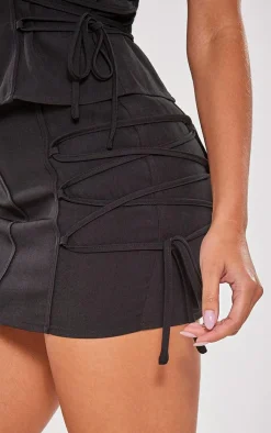 New PrettyLittleThing Woven Lace Up Side Strap Detail Low Rise Micro Mini Skirt Black