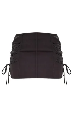 New PrettyLittleThing Woven Lace Up Side Strap Detail Low Rise Micro Mini Skirt Black