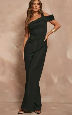 Black Woven One Shoulder Pleated Detail Wide Leg Jumpsuit