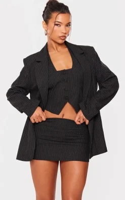 Hot PrettyLittleThing Woven Pinstripe Low Rise Micro Mini Skirt Black