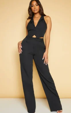 Discount PrettyLittleThing Woven Pleat Detail Wide Leg Pants Black