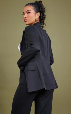 PrettyLittleThing Woven Pocket Detail Double Breasted Blazer Black