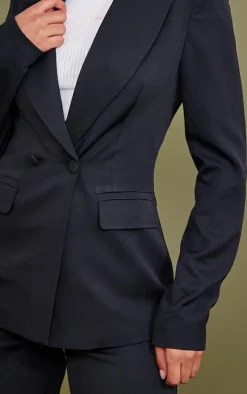 PrettyLittleThing Woven Pocket Detail Double Breasted Blazer Black